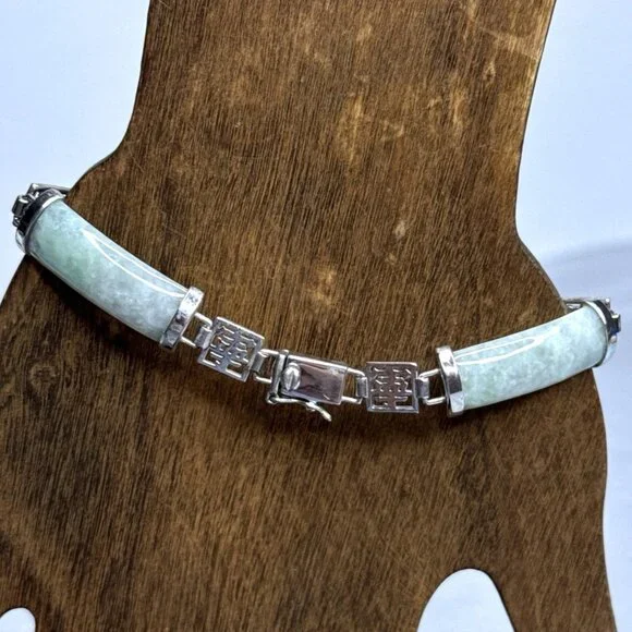 Jade Of Yesteryear Station Bracelet Green Jade Panels Sterling Silver 7.25" Cast - Picture 3 of 14